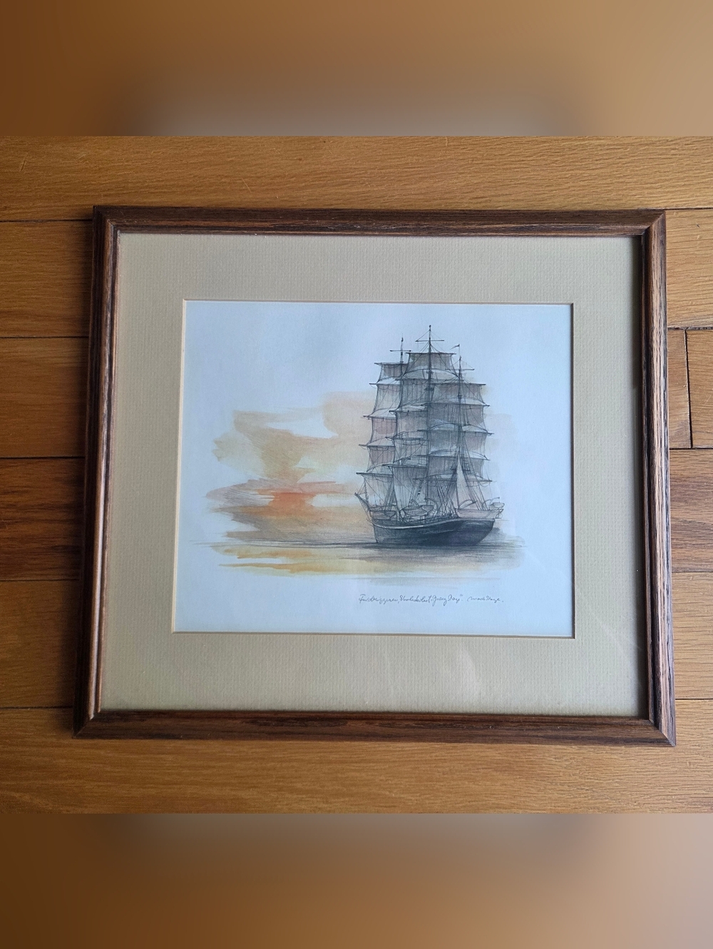 Vintage Framed Sailing Ship Wall Art in Beige and Brown Signed